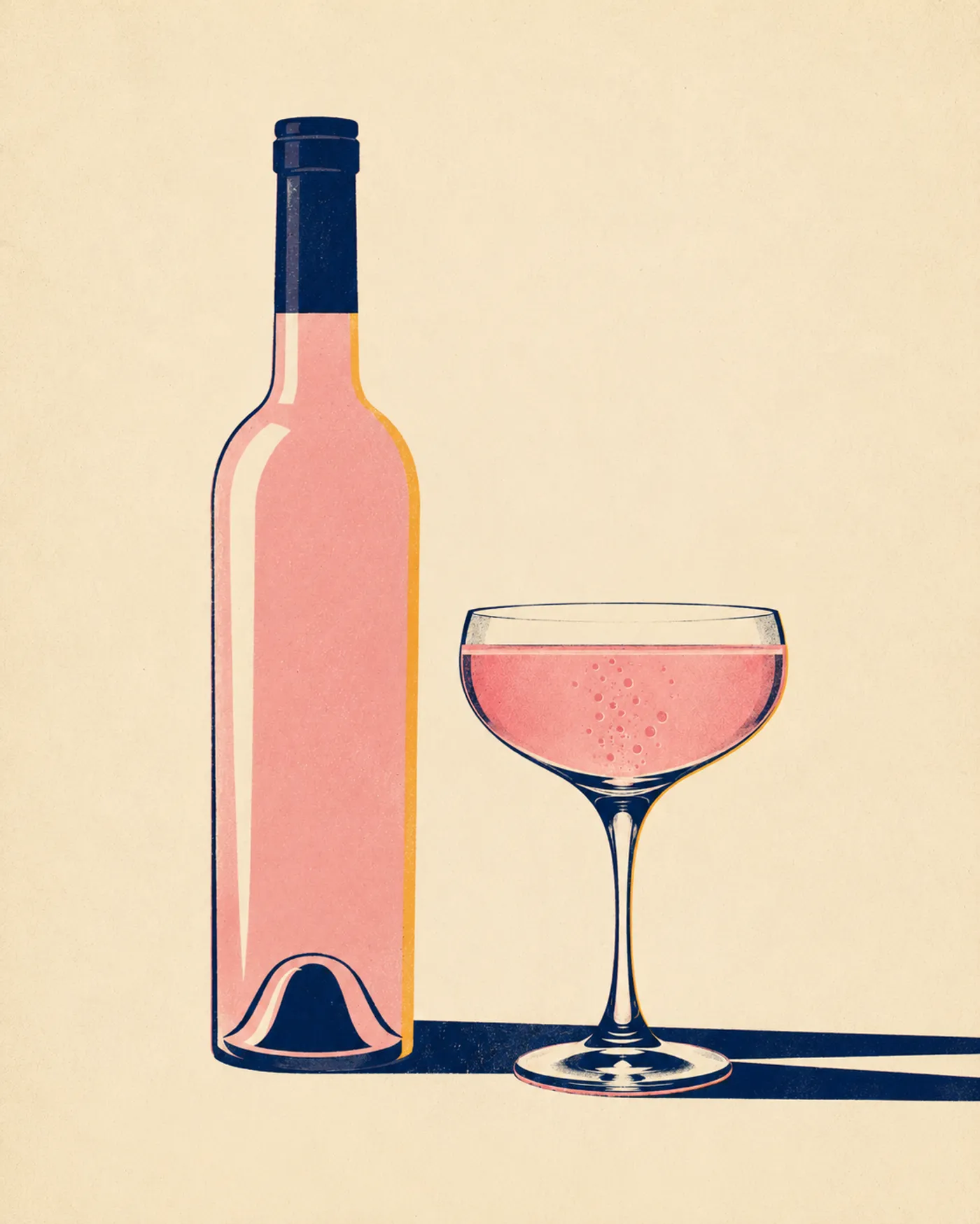 Plakat-Illustration: Flasche in Nachtblau, ein Spritz d'été wird in eine Coupe gegossen