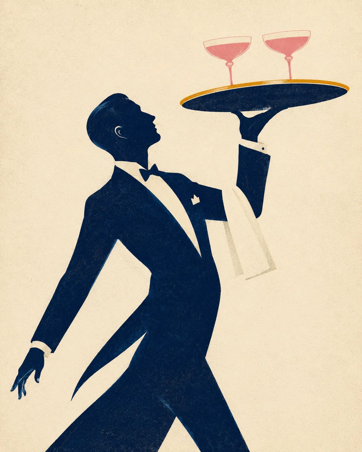 Plakat-Illustration: Kellner mit Tablett und zwei Gläsern