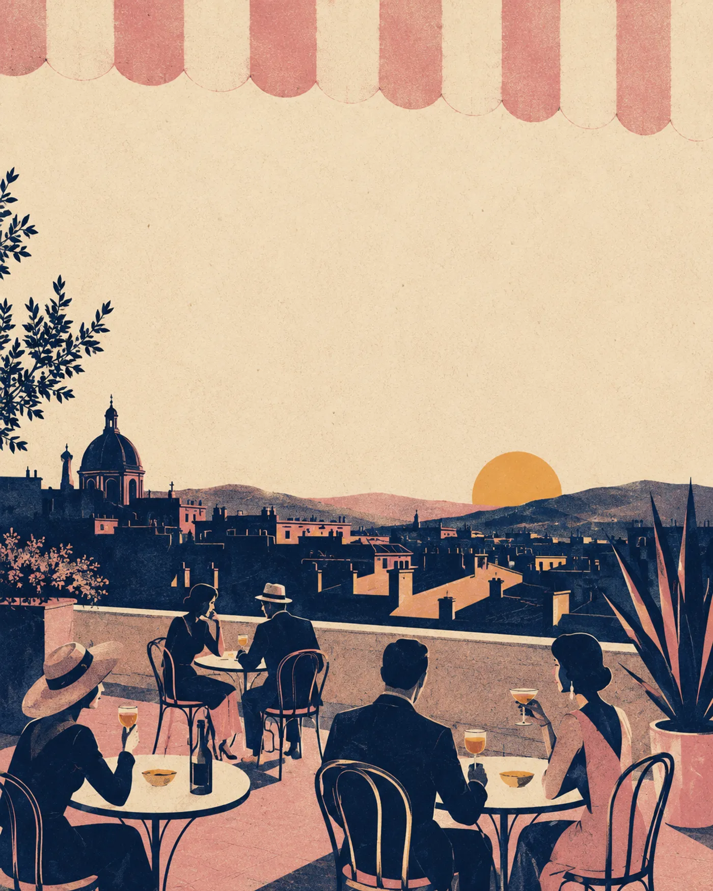 Plakat-Illustration: Dachterrasse zur goldenen Stunde, Silhouetten an Bistrotischen