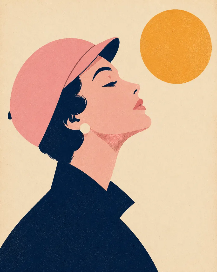 Modeillustration im Stil der 1950er: Profil mit rosé Cap, Blick zur Abendsonne