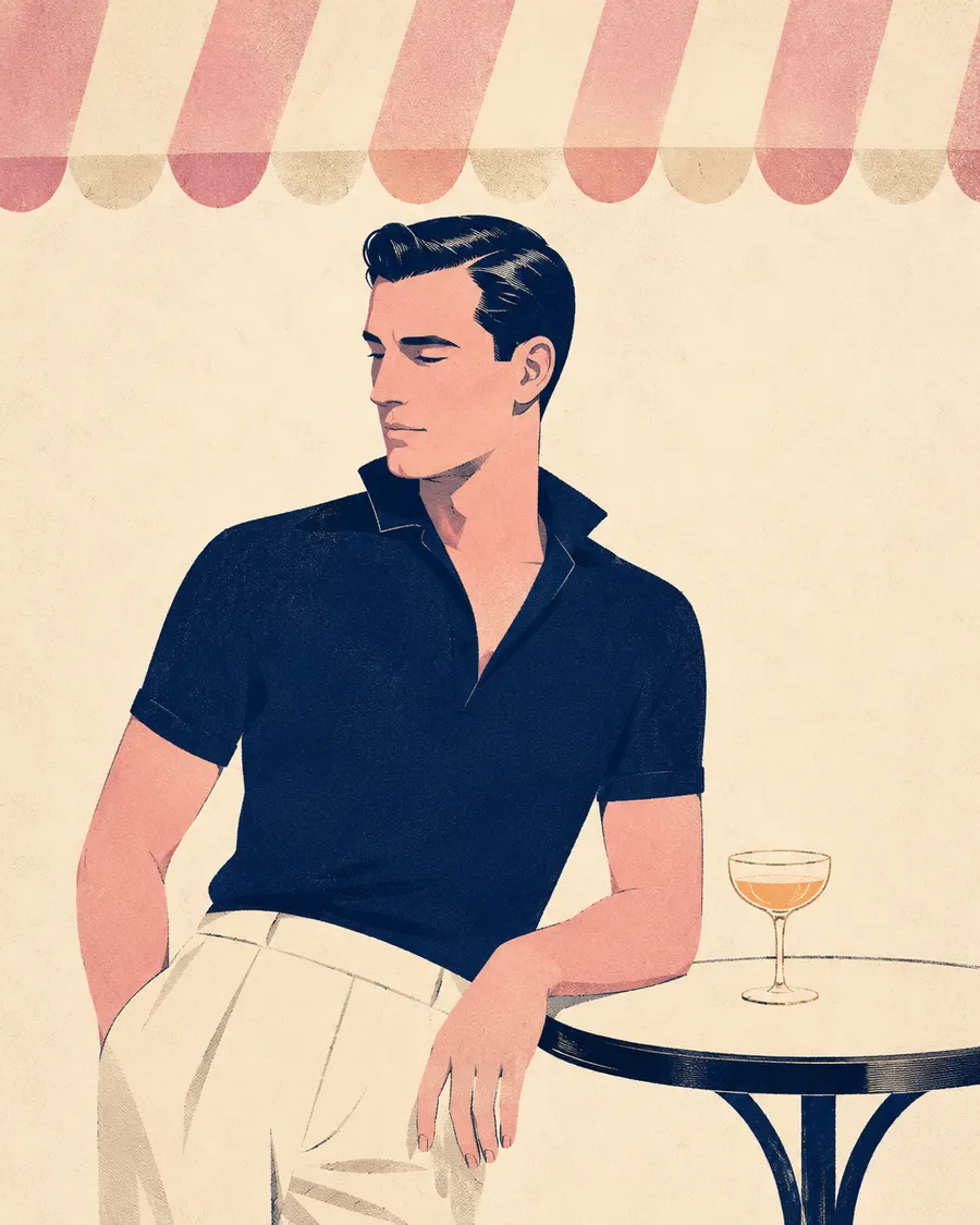 Modeillustration im Stil der 1950er: Mann im navyfarbenen Polo am Bistrotisch unter gestreifter Markise