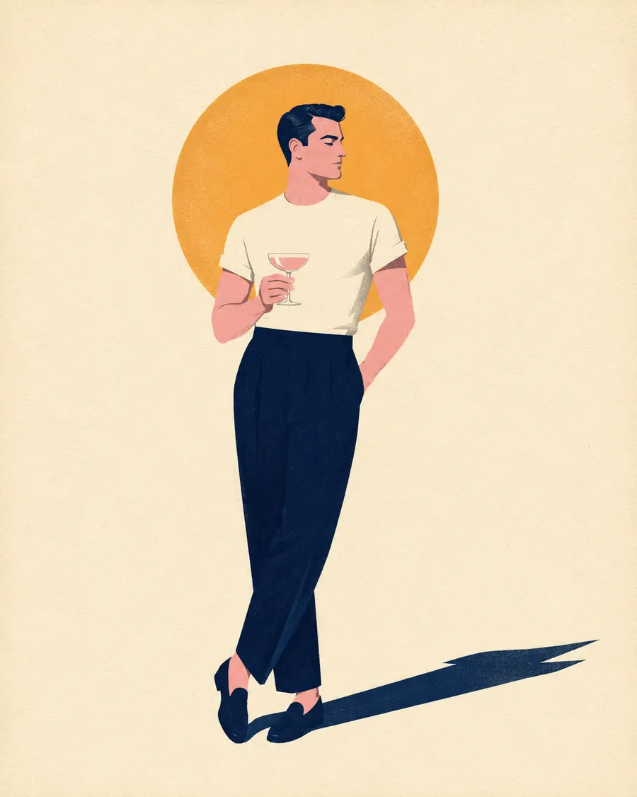 Modeillustration im Stil der 1950er: Mann im crèmefarbenen T-Shirt mit Coupe vor tiefer Abendsonne